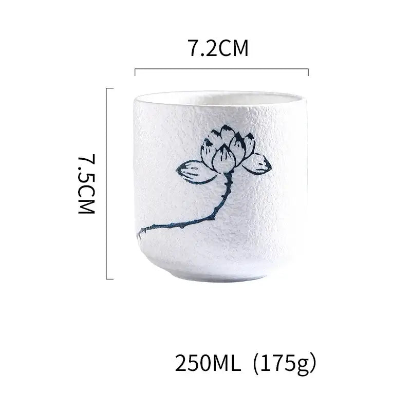 White coarse ceramic tea cup with textured surface and hand painted black lotus design from decorbites set