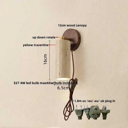 Rustic concrete and dark wood led wall sconce with textured yellow travertine body and brass finish decorbites led wall light