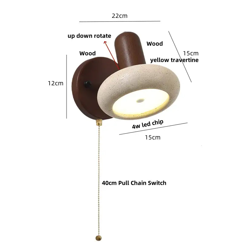 Rustic concrete and dark wood led wall sconce with brown wood and yellow travertine decorbites led wall sconce light