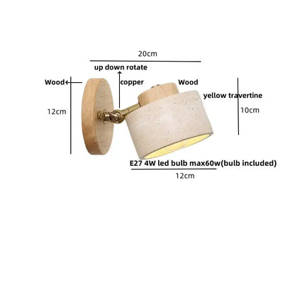 Rustic concrete and dark wood led wall sconce with natural wood backplate copper joint and yellow travertine shade decorbites led wall