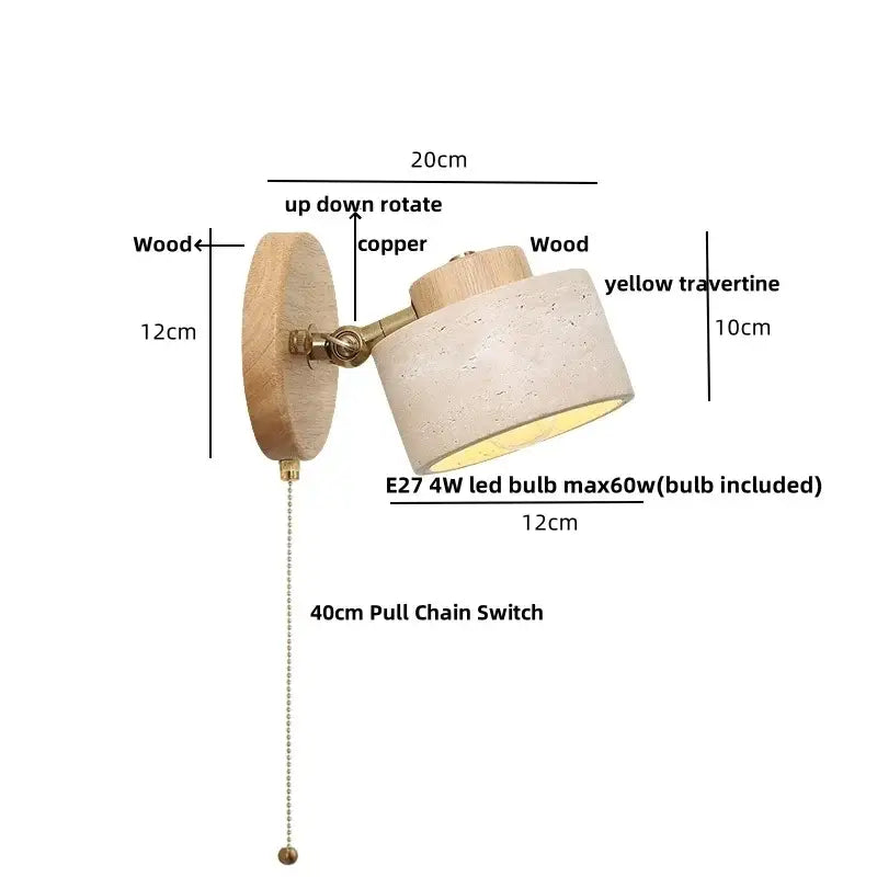Rustic wall sconce with wooden backplate copper joint and yellow travertine shade decorbites led wall bedroom light