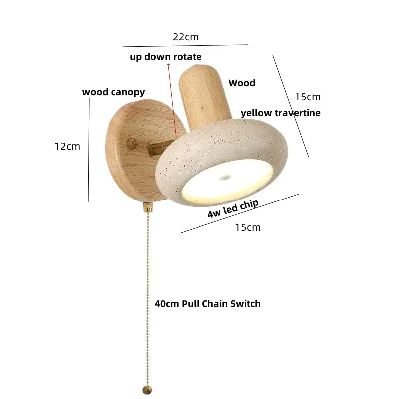 Rustic concrete and dark wood led wall sconce with warm yellow travertine shade and adjustable rotation for bedroom decorbites led wall