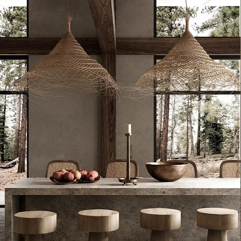 Two natural beige conical woven bamboo led pendant lights with intricate rattan design for dining room decorbites bamboo led