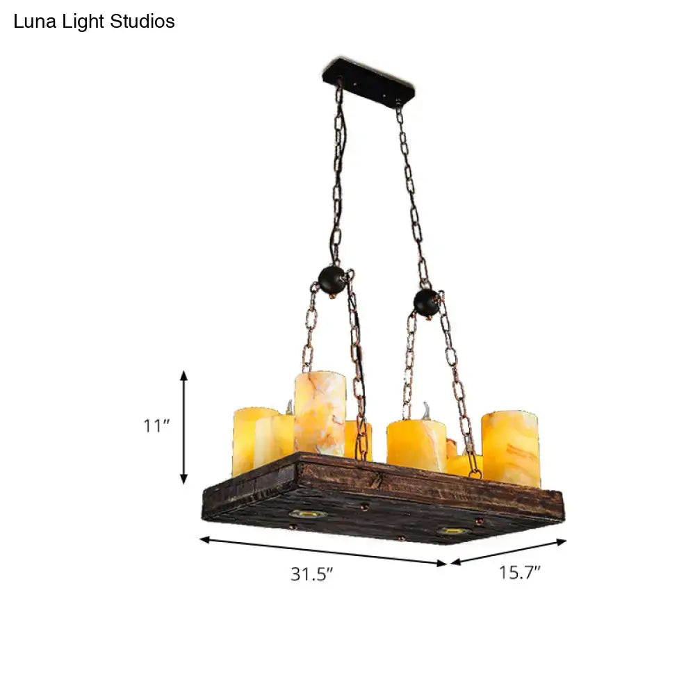 Rustic dark wood ceiling light fixture with five amber candle-style lights suspended by black metal chains 220v-240v