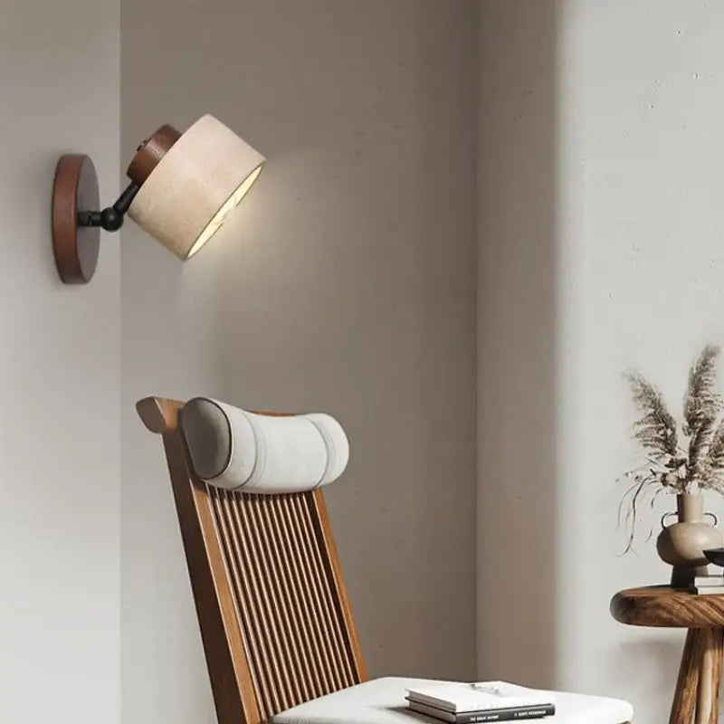 Rustic dark wood and beige concrete wall light with wooden base and adjustable arm decorbites iron rotate led lamp