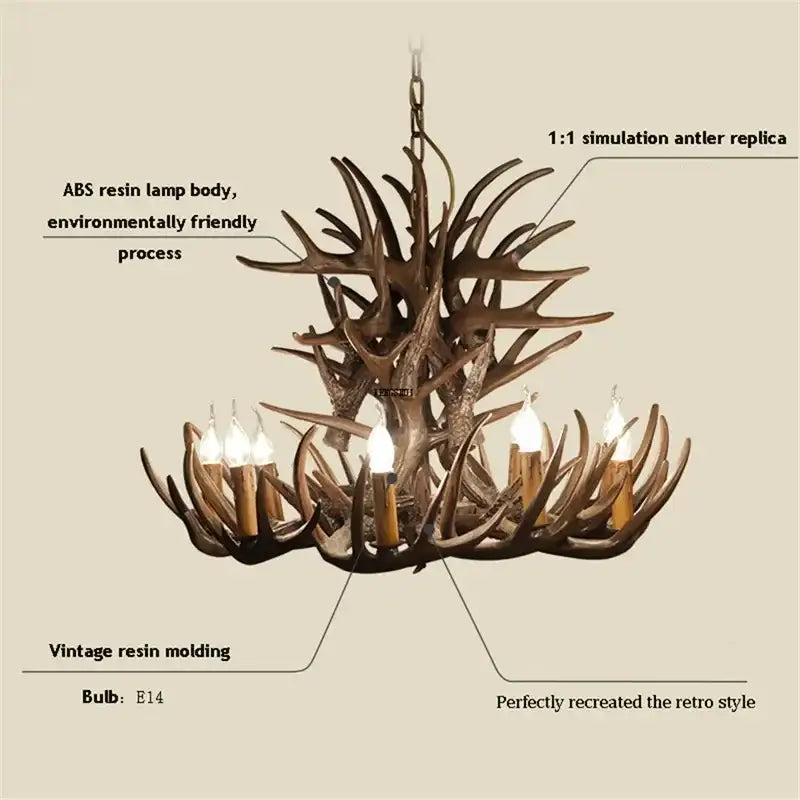 Rustic golden brown decorbites antler pendant chandelier with resin body and vintage molding for dining room light