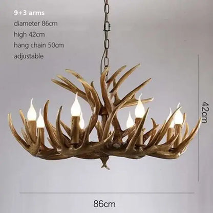 Rustic golden brown decorbites antler pendant chandelier with nine arms and three decorative branches for dining room light