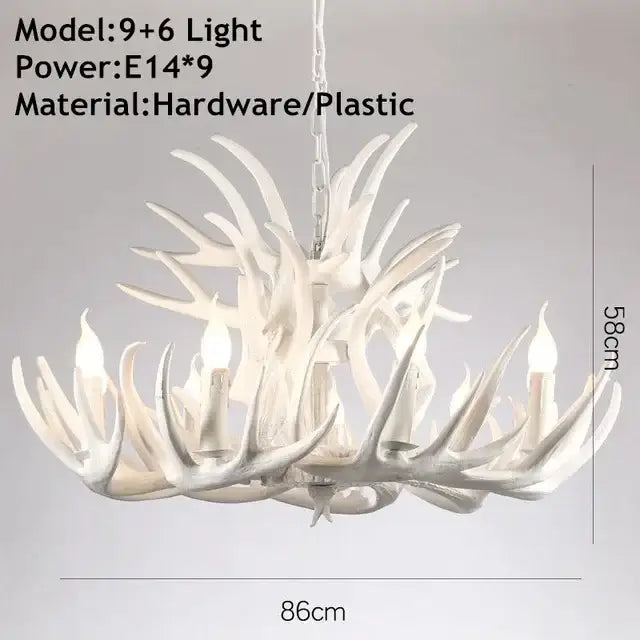 Rustic golden brown decorbites antler pendant chandelier with nine white antler candle-style lights crafted from hardware and plastic