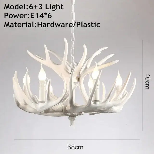 Rustic golden brown decorbites antler pendant chandelier with six candle-style bulbs and chain suspension for dining room light