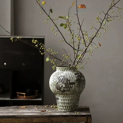 Rustic gray and white coarse pottery vase with muted green textured ceramic body for living room home decor by decorbites