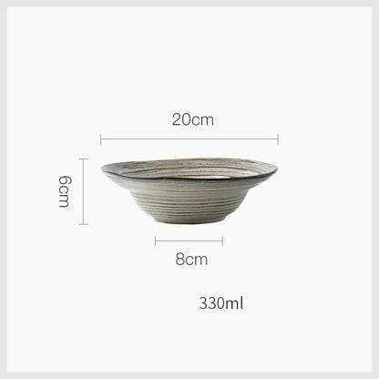 Rustic grayish white ceramic dish bowl set featuring a textured earthy gray glaze with concentric ridges bowl set