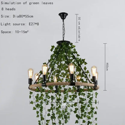 Rustic black metal green leaf chandelier with eight Edison bulbs and rope-wrapped ring for bar or dining room