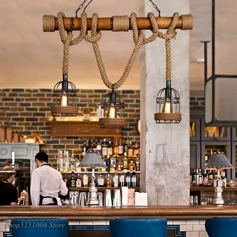 Rustic industrial bamboo hemp rope pendant light with wooden beam and cage bulbs for dining room decorbites bamboo hemp rope