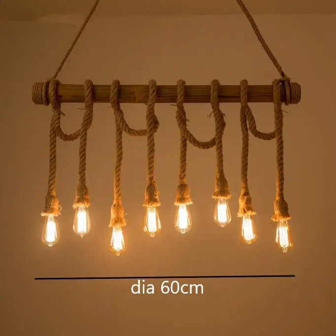 Rustic bamboo pendant lights with seven hanging Edison bulbs suspended by thick rope for industrial kitchen decorbites bamboo pendant