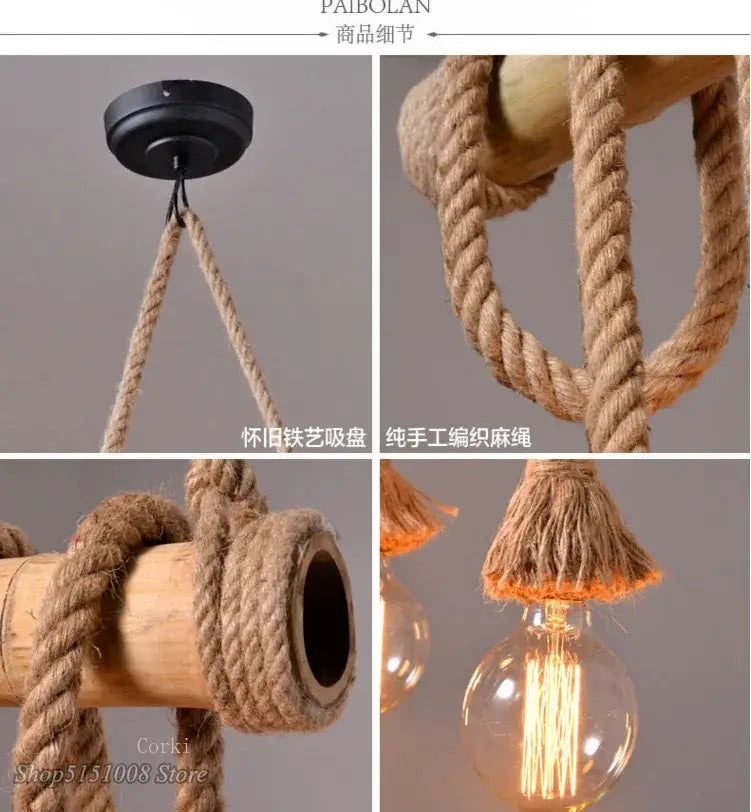 Rustic industrial bamboo pendant lights with black metal mount, natural hemp rope suspension, and exposed Edison bulb