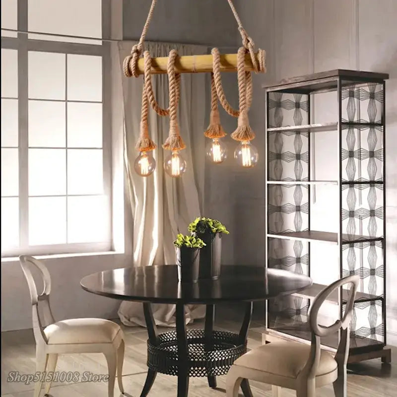 Rustic wooden beam pendant lights with thick beige rope and clear bulb fixtures for kitchen decorbites bamboo pendant