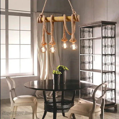 Rustic wooden beam pendant lights with thick beige rope and clear bulb fixtures for kitchen decorbites bamboo pendant