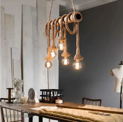 Rustic industrial bamboo pendant lights kitchen rope fixture featuring rope-wrapped pendant lights with exposed bulbs