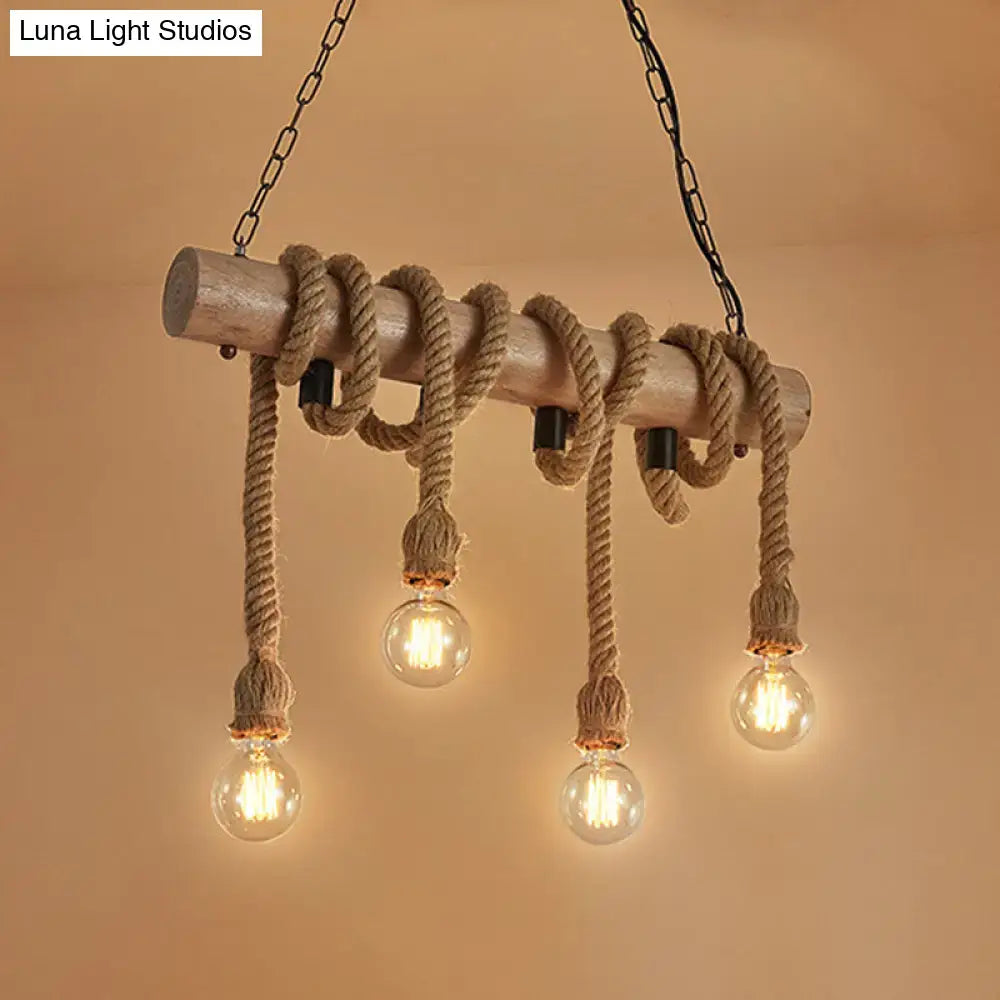 Rustic brown wooden pendant light with natural twine wrapping and four exposed bulbs suitable for 110v-120v and 220v-240v use