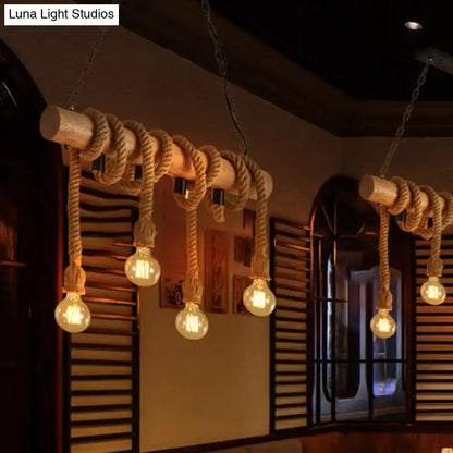 Decorbites™ industrial brown pendant light with wooden beam wrapped in thick beige rope and vintage bulbs 220v-240v 110v-120v