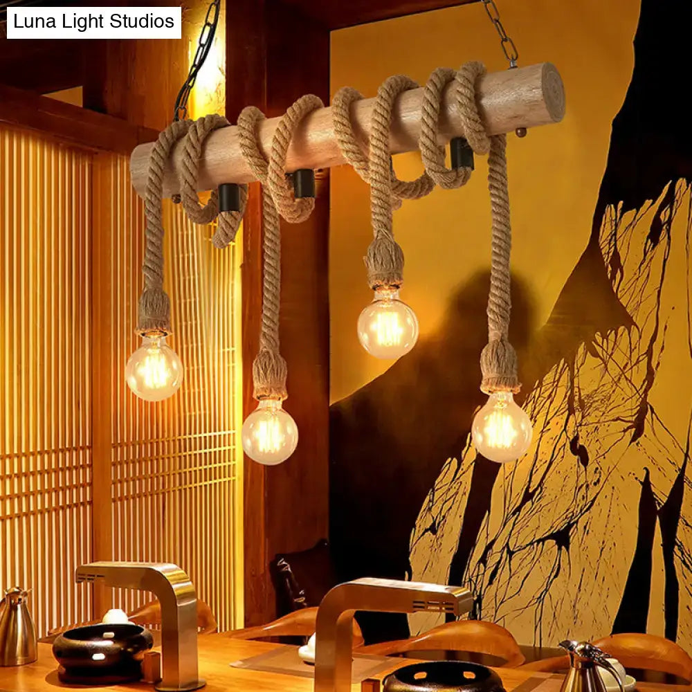 Rustic wooden beam pendant light with natural rope wrapping and edison bulbs decorbites industrial brown 220v-240v 110v-120v