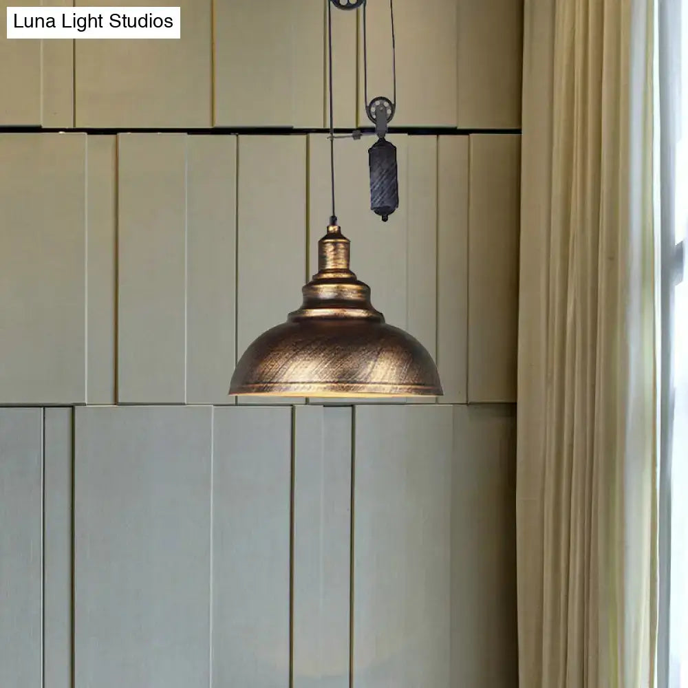 Antique brass rustic industrial dome pendant light with textured shade and pull cord for living room lighting