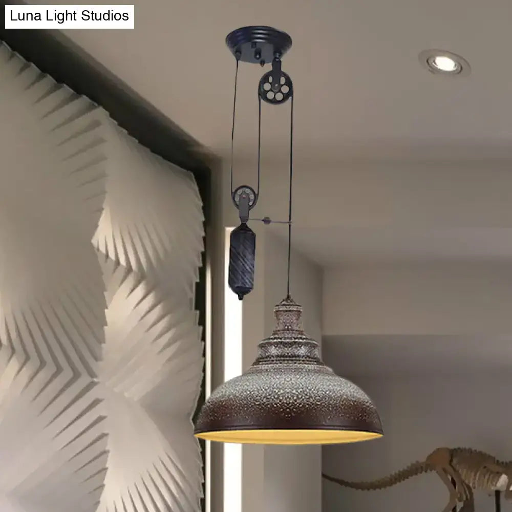 Decorbites rustic industrial dome pendant lamp with dark bronze textured finish and pulley for living room lighting