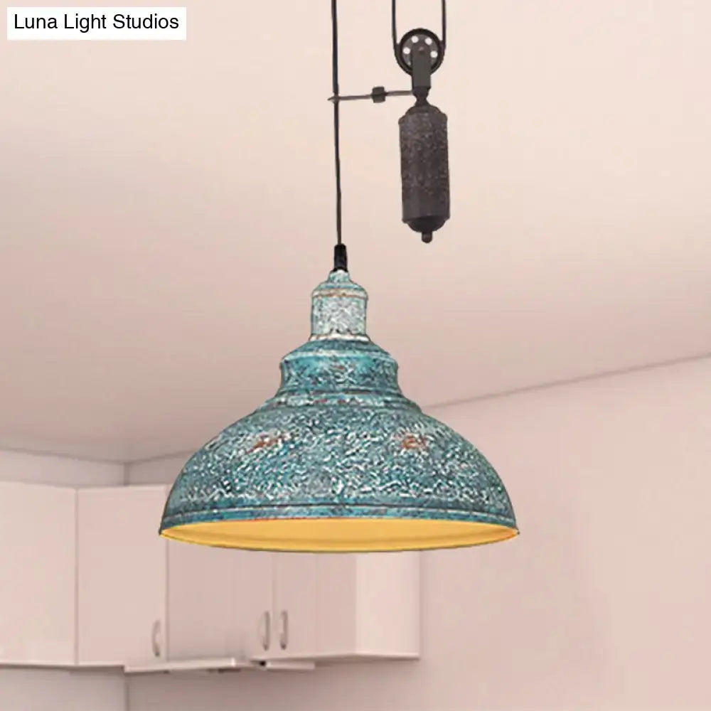 Teal distressed metal pendant light with yellow interior and industrial dome pull chain from decorbites rustic industrial series