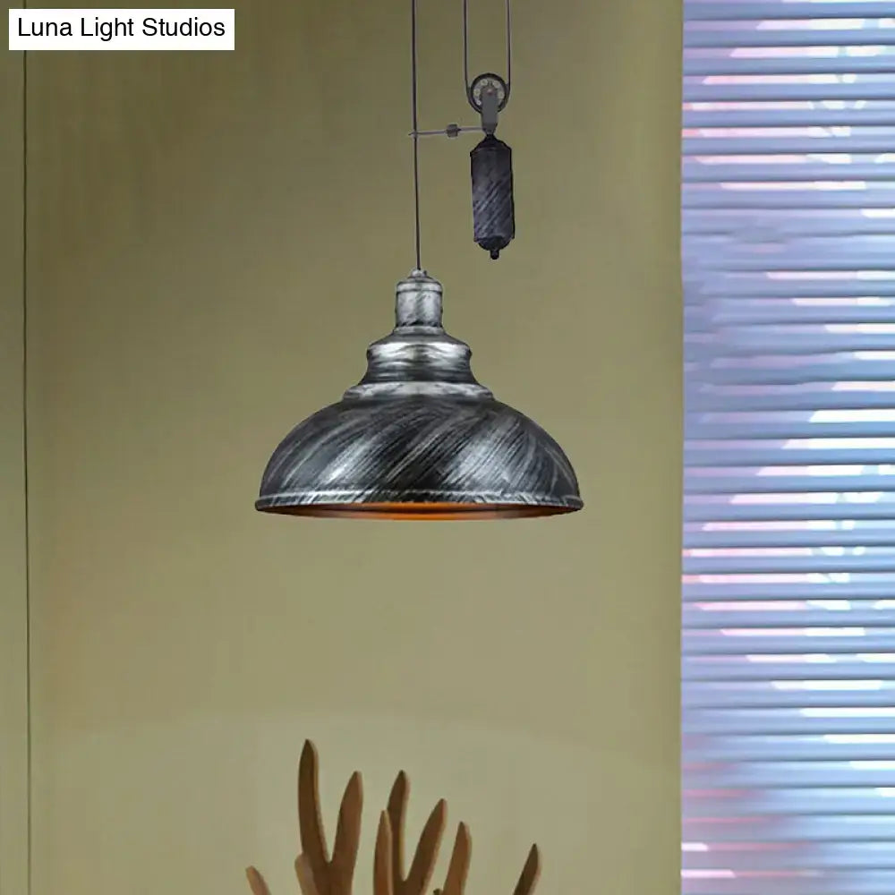 Decorbites rustic industrial dome pendant lamp with distressed metal finish and warm glowing interior in brown grey