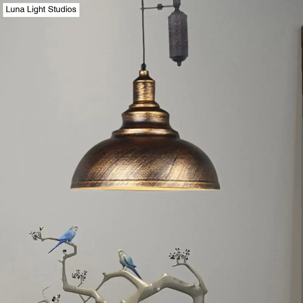 Decorbites rustic industrial dome pendant lamp in antique brass finish with pulley and domed shade for living room lighting