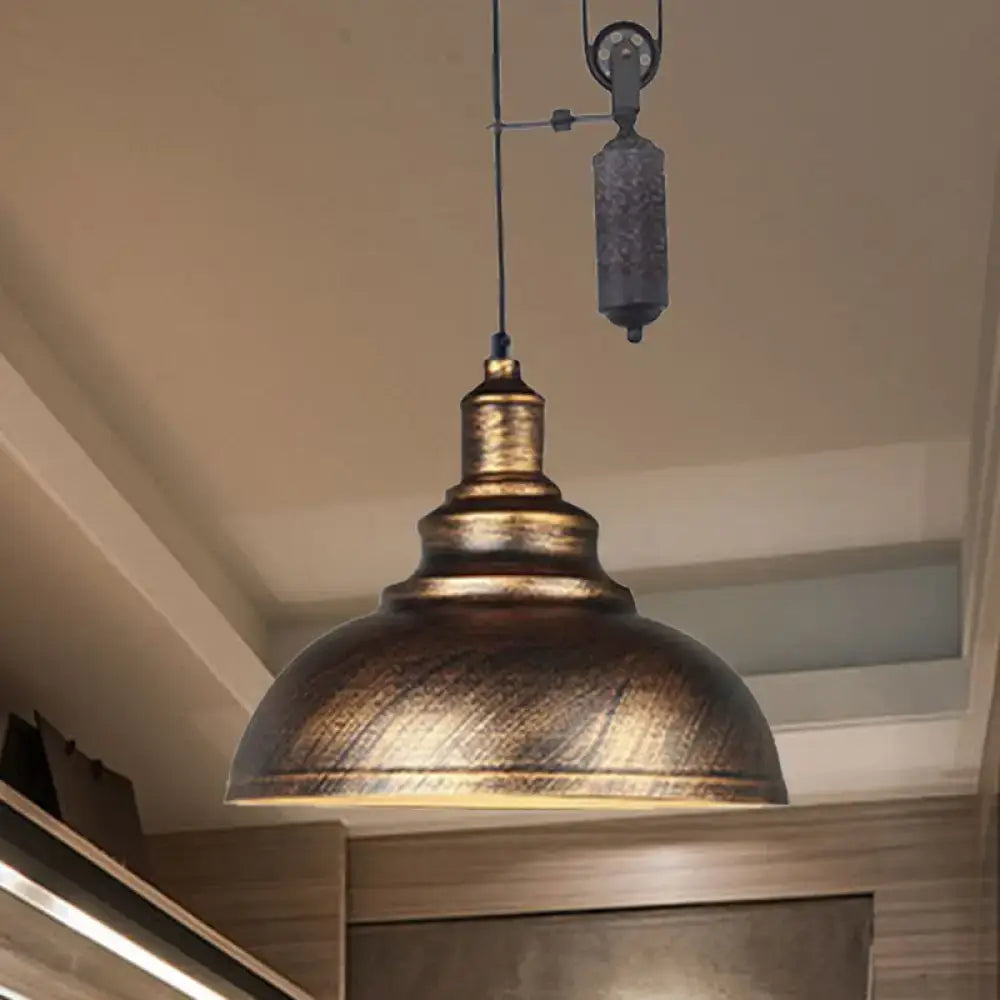 Antique brass-finished decorbites rustic industrial dome pendant lamp with textured shade and mechanical pull chain in brown grey