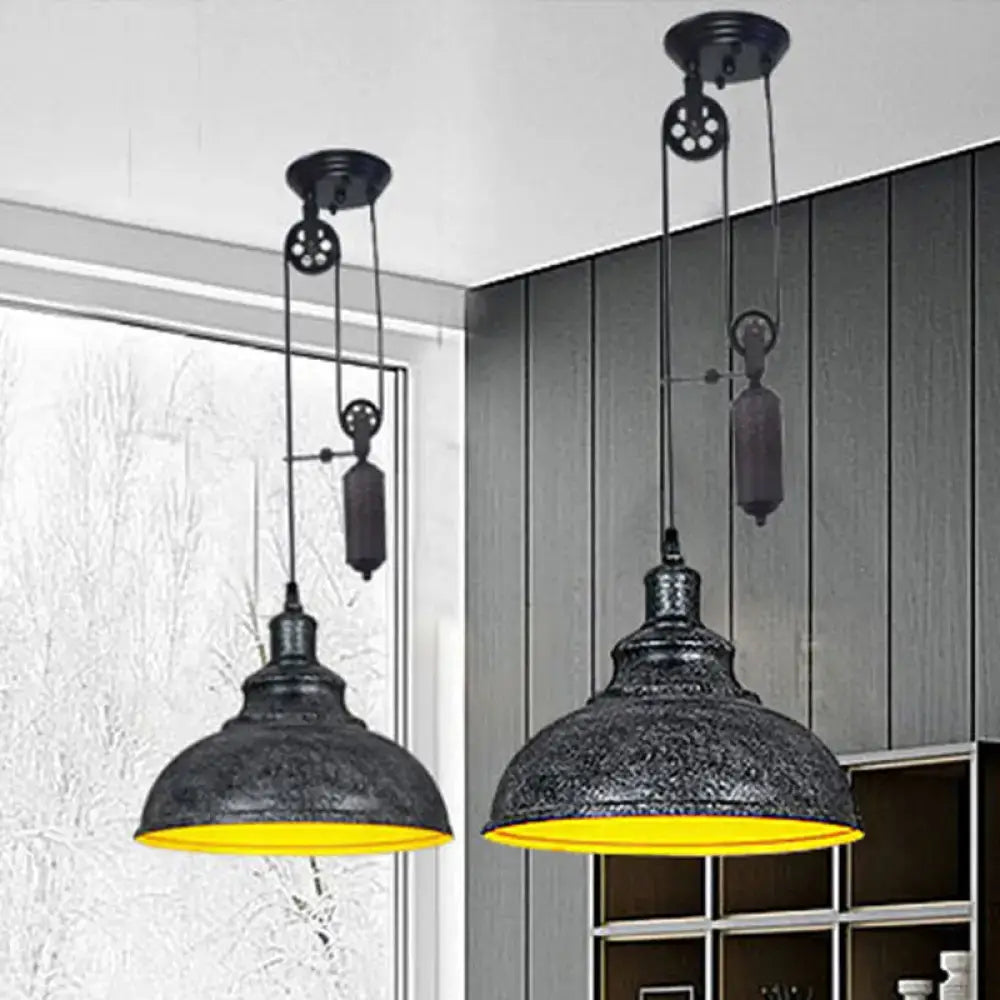 Decorbites rustic industrial dome pendant lamp with black metal pulley fixture and yellow interior glow for living room lighting