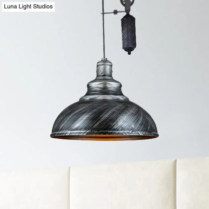 Decorbites™ rustic industrial dome pendant lamp in distressed black metal with warm interior for living room lighting