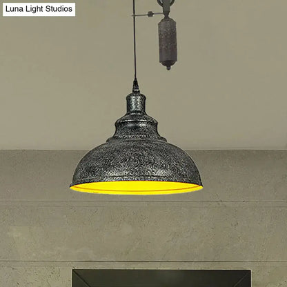 Decorbites rustic industrial dome pendant lamp with dark metal shade and warm yellow glow for living room lighting