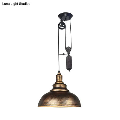 Decorbites rustic industrial dome pendant lamp with brass finish and black metal pulley for living room lighting