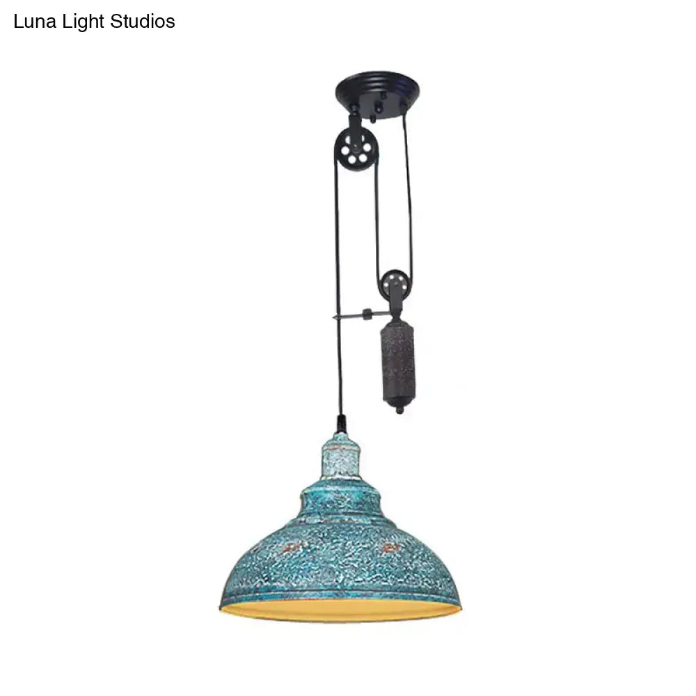 DecorBites rustic industrial dome pendant lamp with turquoise textured metal shade and black pulley mechanism for living room lighting