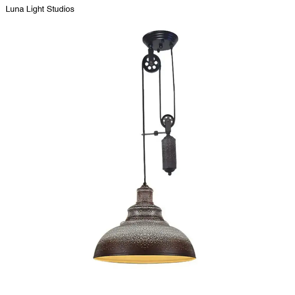 DecorBites™ rustic industrial dome pendant lamp with dark textured metal shade and adjustable pulley for living room lighting