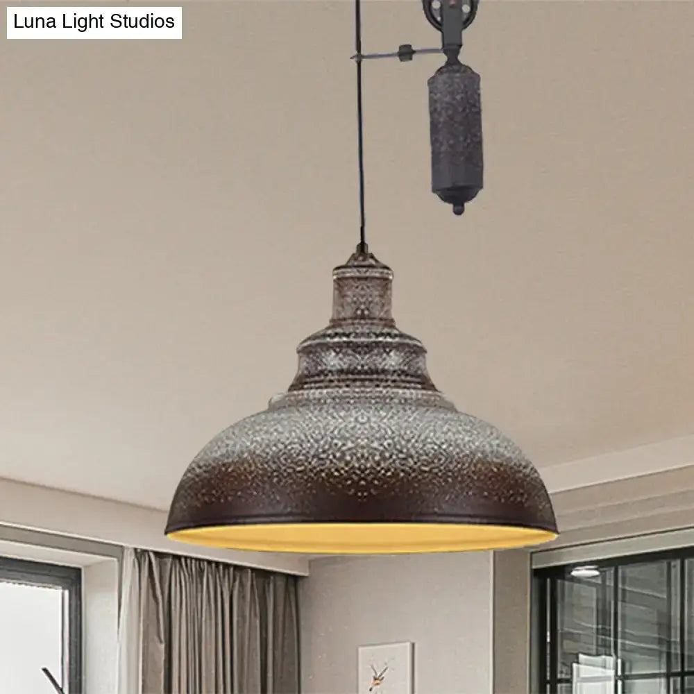Decorbites™ rustic industrial dome pendant lamp with textured dark bronze metal shade and yellow interior for living room lighting