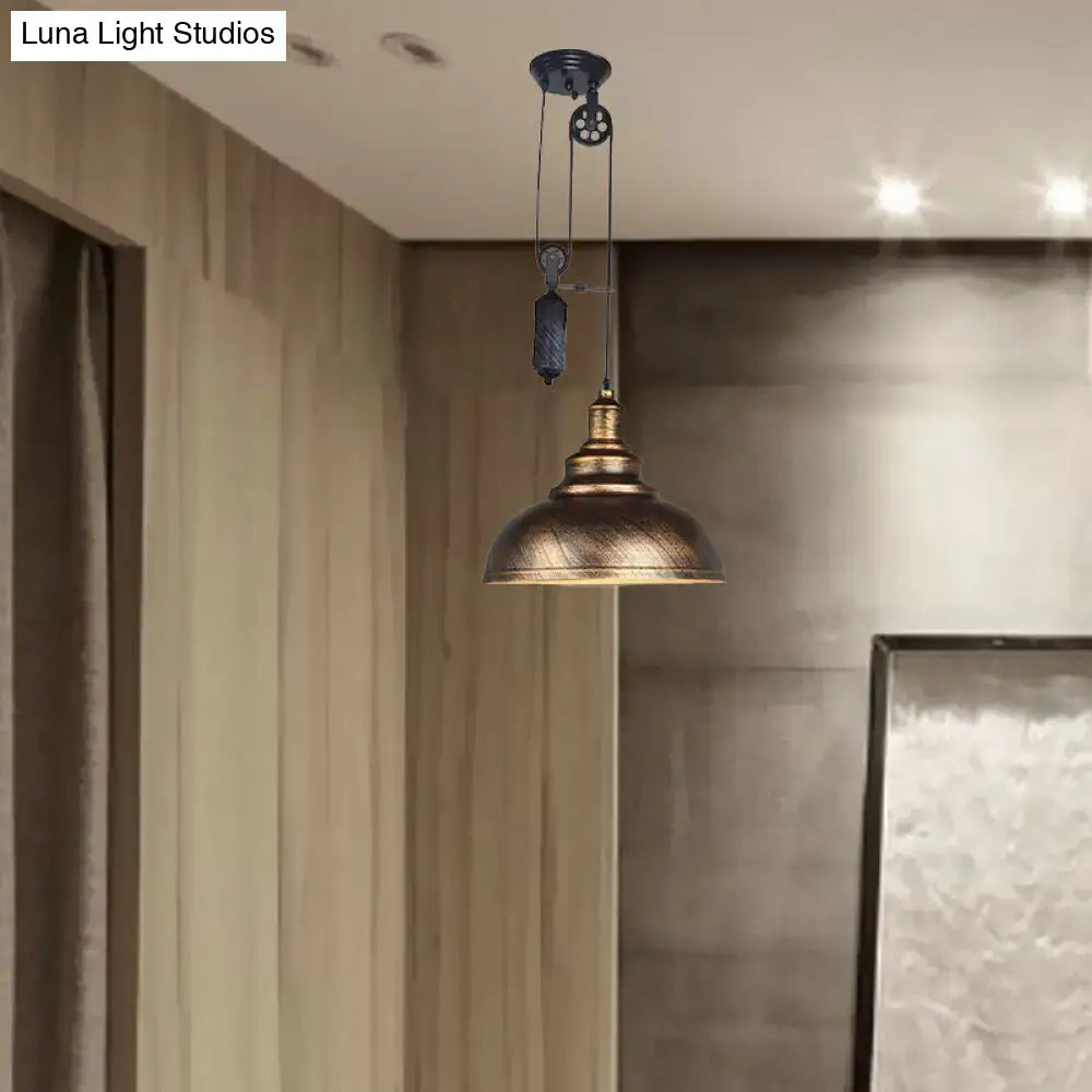 Antique brass rustic industrial dome pendant light with pulley system and textured metal shade for living room lighting