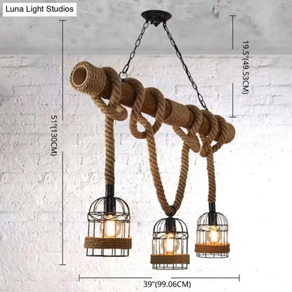 Rustic industrial hemp rope pendant lamp with wooden pipe and black wire birdcage lights for kitchen island lighting