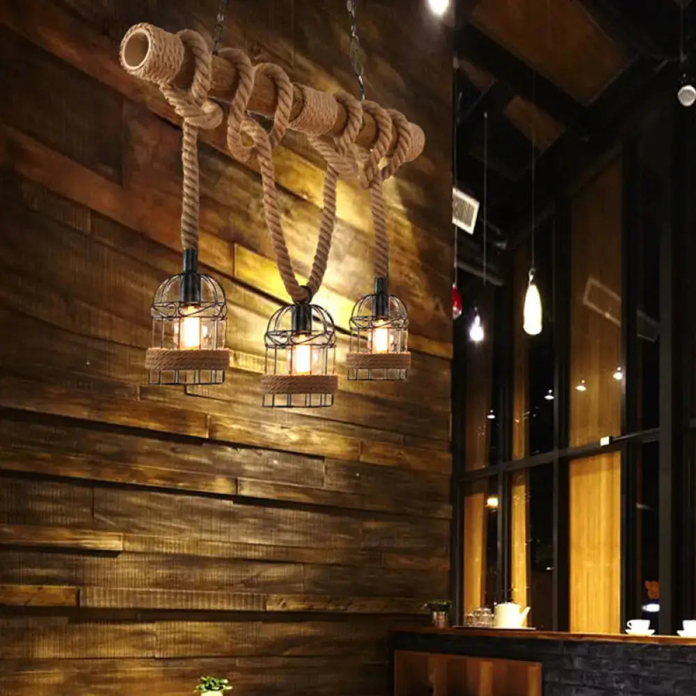 Rustic industrial hemp rope pendant lamp with three birdcage-style lights and iron frame for kitchen island lighting 110v-120v 220v-240v