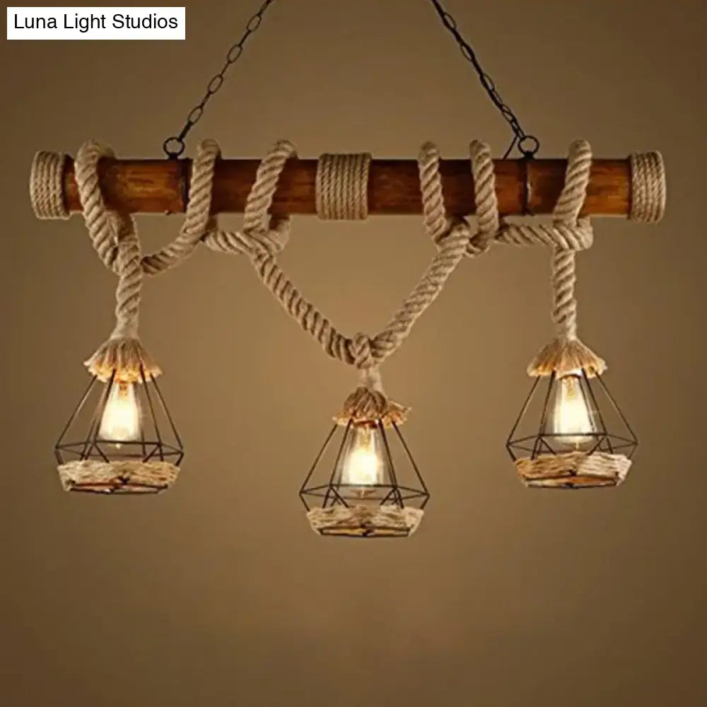 Rustic industrial hemp rope pendant lamp with three rope-wrapped lanterns and metal cages for kitchen island lighting 110v-120v 220v-240v