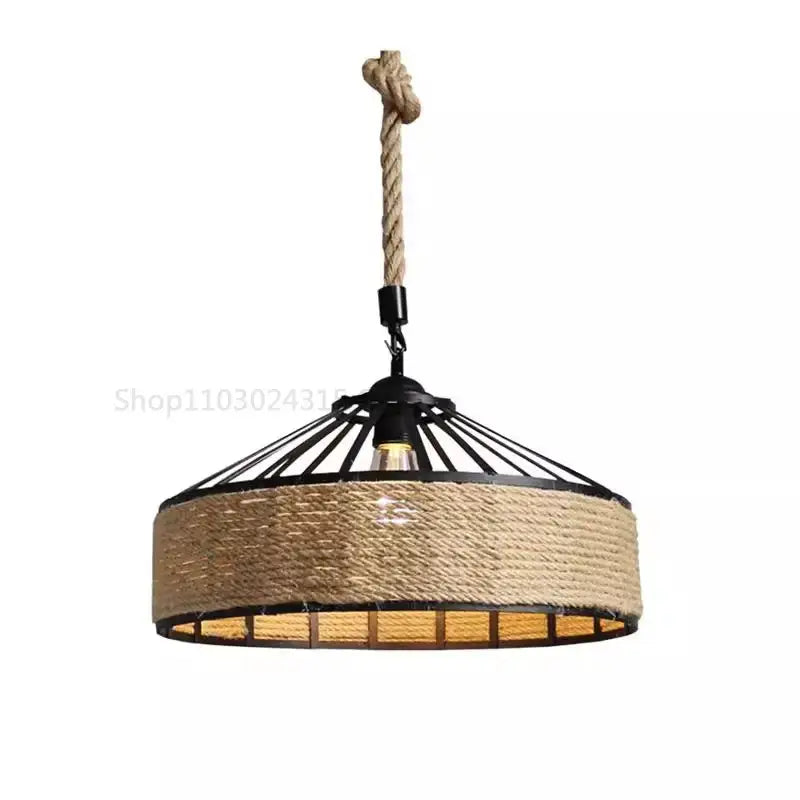 Rustic industrial pendant light with black metal frame and hemp rope suspension installation for dining room