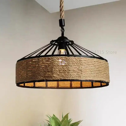 Rustic industrial pendant light with black metal frame and hemp rope installation method for dining room use