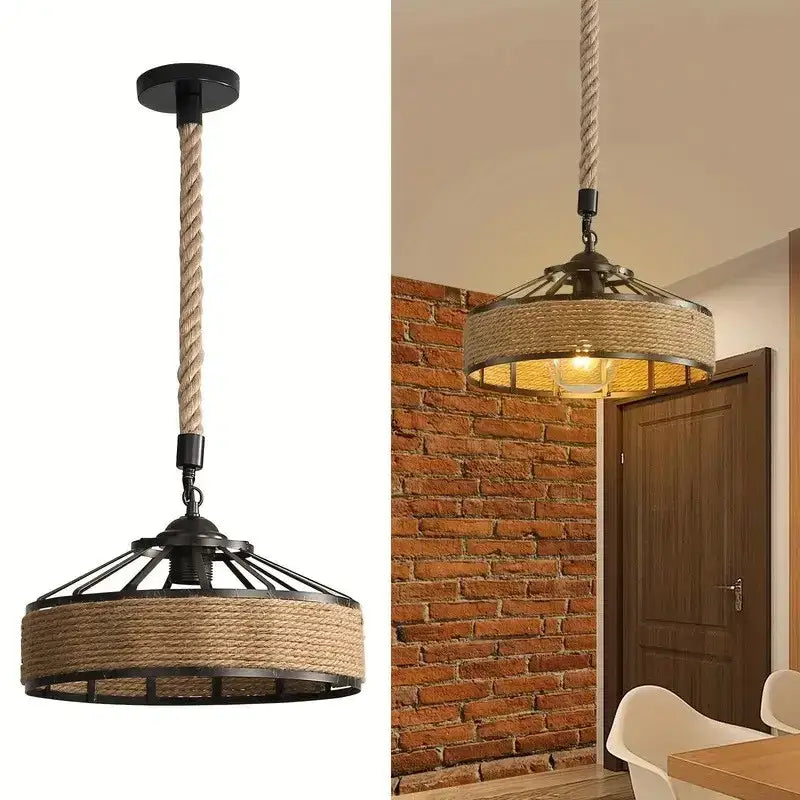 Rustic industrial pendant light with black metal frame and natural hemp rope installation for dining room use