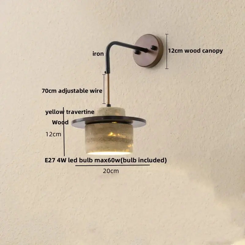 Rustic industrial wood and concrete wall sconce with 12cm wood canopy yellow travertine shade decorbites copper wood led
