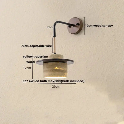 Rustic industrial wood and concrete wall sconce with 12cm wood canopy yellow travertine shade decorbites copper wood led