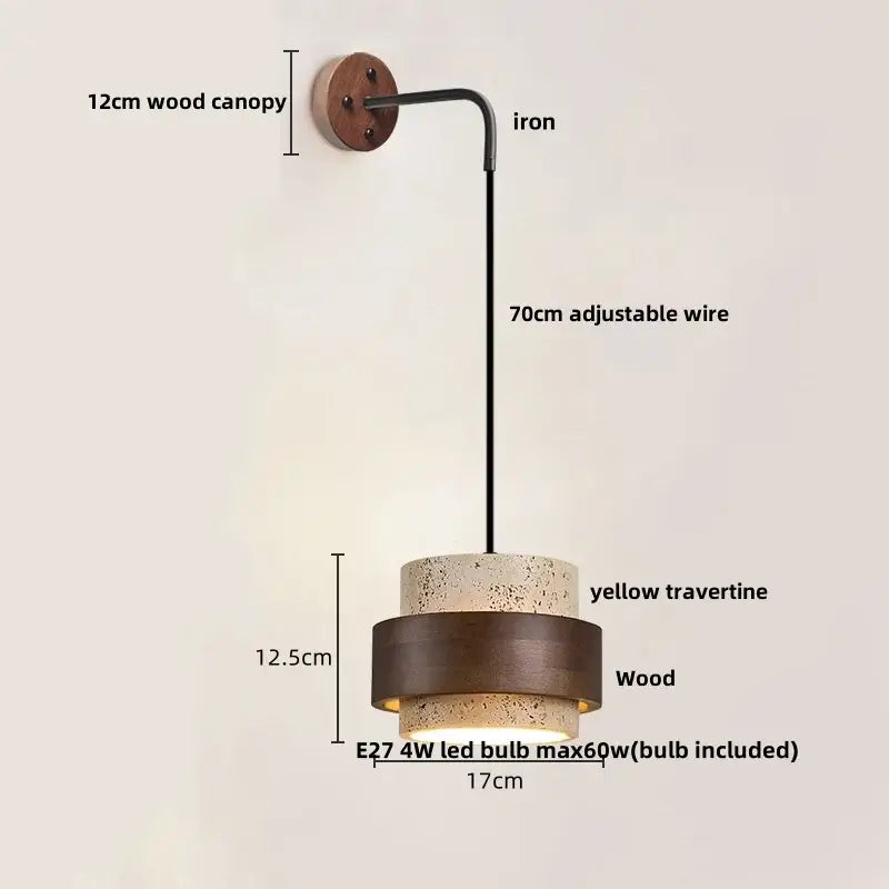 Rustic industrial wood and concrete wall sconce with yellow travertine shade and adjustable iron arm for bedroom decorbites copper wood led
