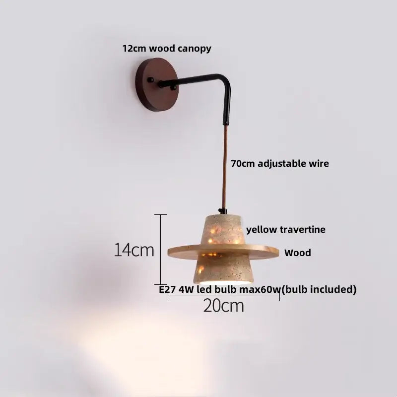 Rustic industrial wood and concrete wall sconce with yellow travertine shade and 12cm wood canopy for bedroom decorbites copper wood led