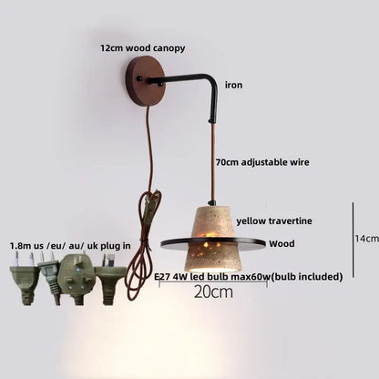 Rustic industrial wood and concrete wall sconce with yellow travertine shade and copper wood led decorbites copper wood arm